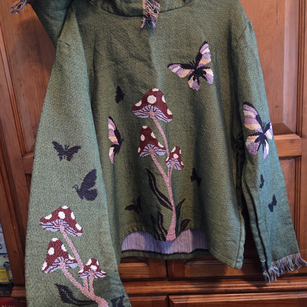 Earthbound Green Hoodie with Mushroom and Butterfly Design